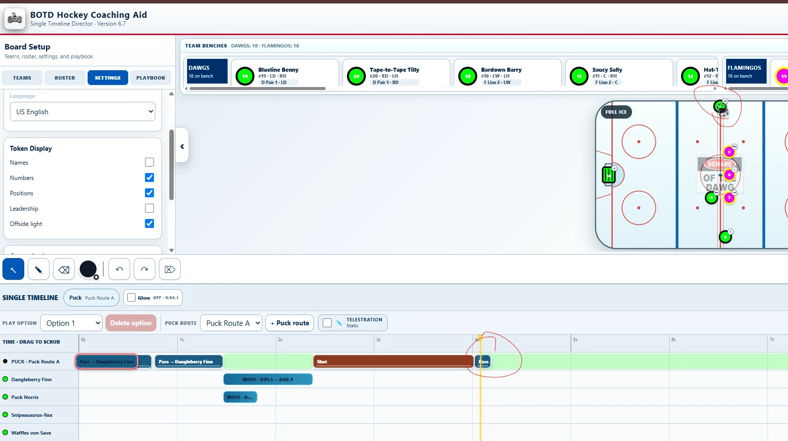 B.O.T.D. Hockey Playbook Studio showing an animated coaching sequence and synchronized timeline