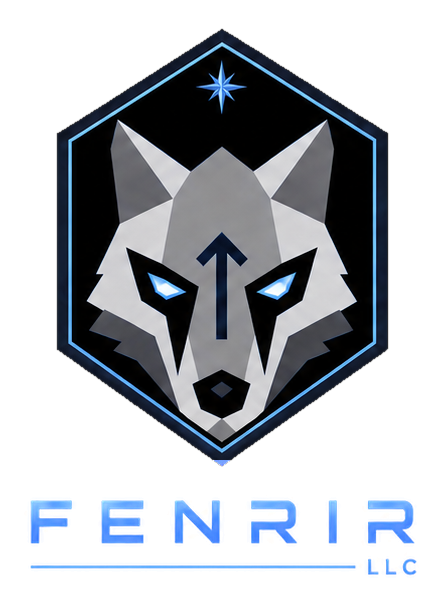 FENRIR LLC geometric wolf logo in blue, silver, and black